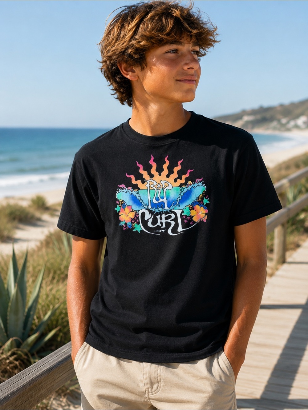 Rip Curl Kidswear Tropical Back Graphic Tee Black 14/L 164cm Surf Shirt